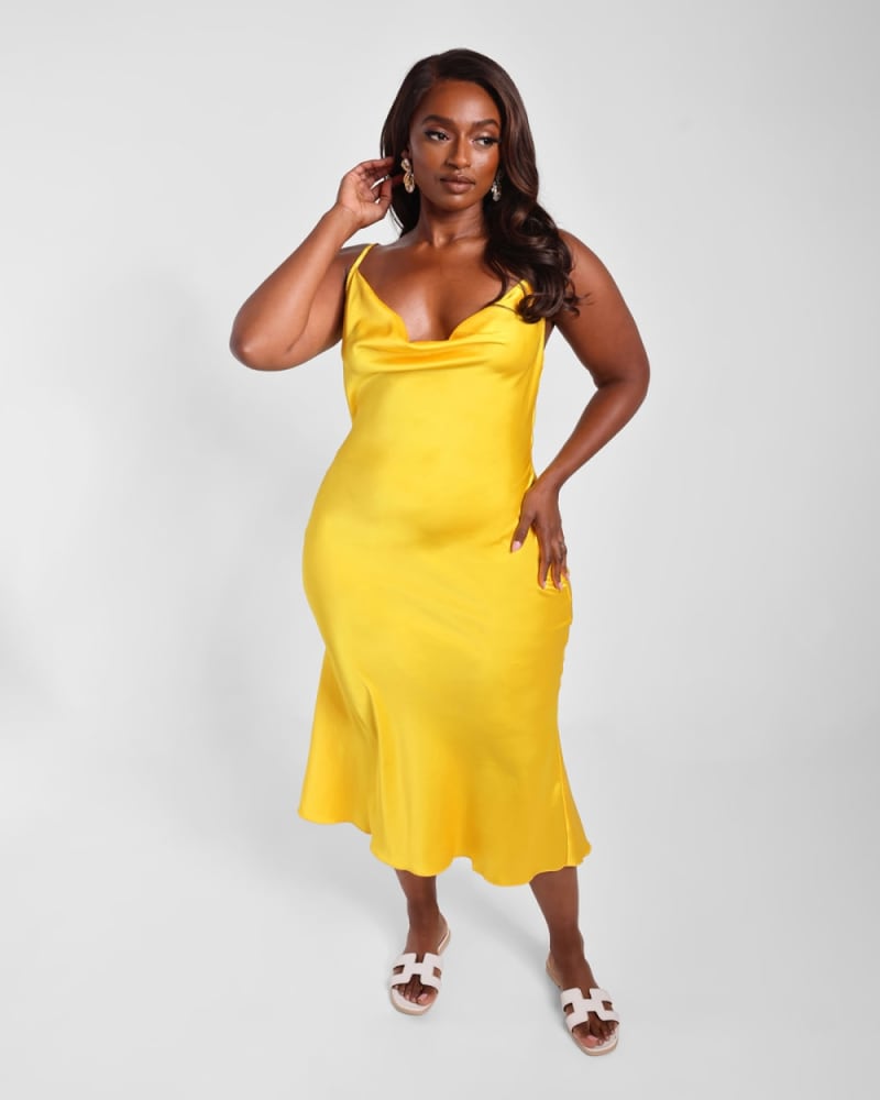 High Key Satin Cowl Neck Midi Shift Dress Yellow Yellow